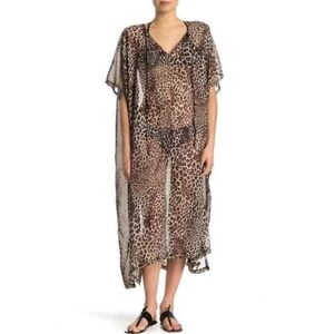 Nordstrom Rack Animal Print‎ Caftan Cover Up lady kimono One Size Brown Leopard